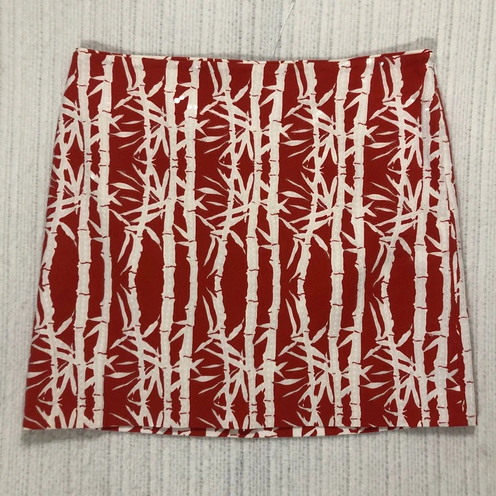 Michael Kors Red White Bamboo Sequin Mini Skirt‎ Size 12 Cotton Blend Floral